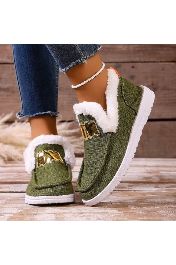 Women's Cozy Fluffy Slip-On Loafer Shoes - Warm Thick Sole Plush Lined Wide Width Canvas Low Heel Casual Shoes for Autumn Winter Comfort