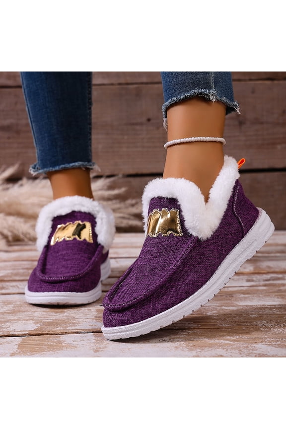 Women's Cozy Fluffy Slip-On Loafer Shoes - Warm Thick Sole Plush Lined Wide Width Canvas Low Heel Casual Shoes for Autumn Winter Comfort