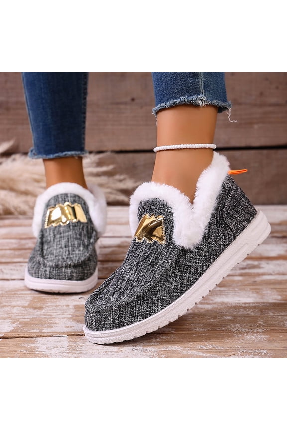 Women's Cozy Fluffy Slip-On Loafer Shoes - Warm Thick Sole Plush Lined Wide Width Canvas Low Heel Casual Shoes for Autumn Winter Comfort
