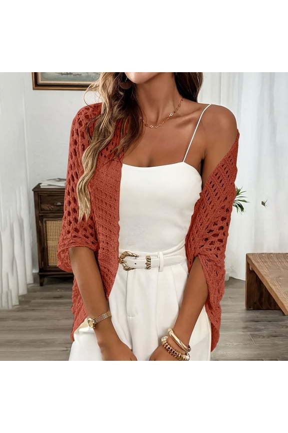 Women's Crochet Cardigan Sweater Half Sleeve Open Front Knitted Spring Outerwear