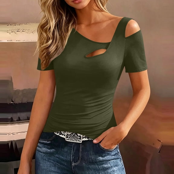 Roncen Women's Cut Out Cold Shoulder Tops Long Sleeve Fitted Asymmetrical Going Out T Shirts