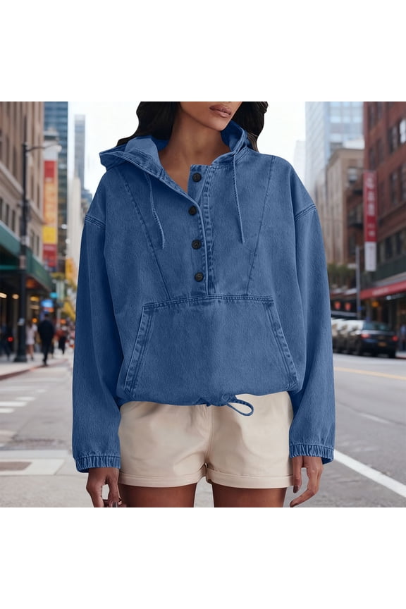 Women's Denim Button-Up Hooded Pullover Jacket - Casual Fashion Sweatshirt Style Top for Everyday Wear