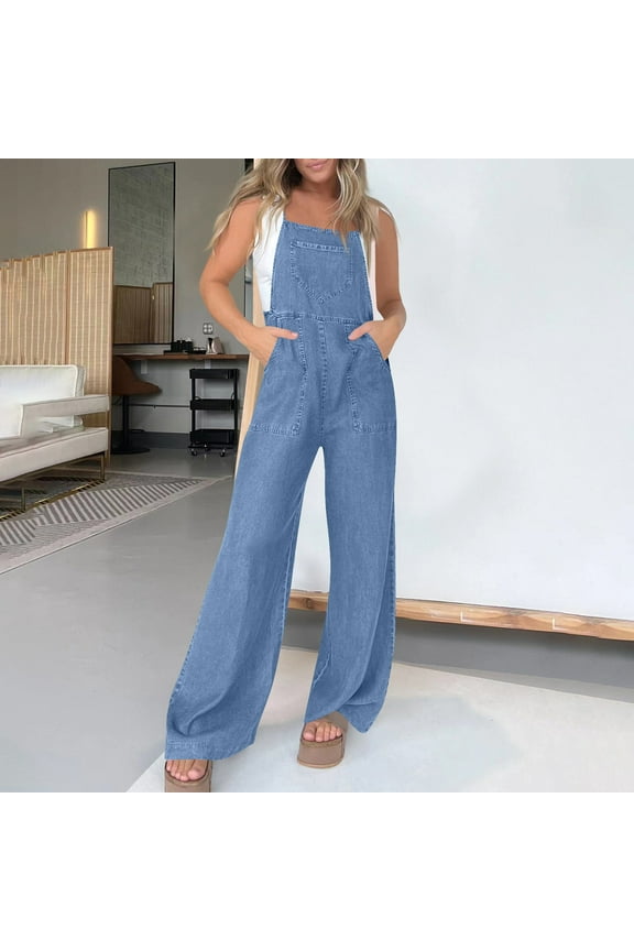 Women's Denim Overalls - Summer Casual Full-Length Jumpsuit with Adjustable Straps & Side Pockets
