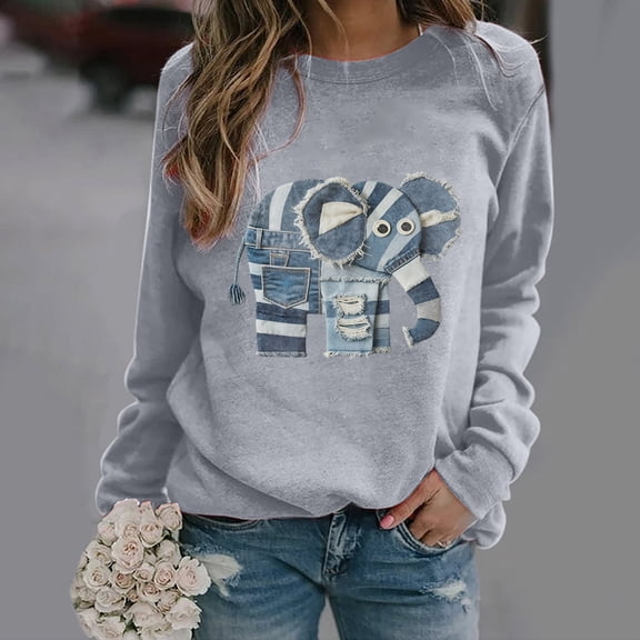 Roncen Women's Denim Patchwork Bear Graphic Tee, Casual Long Sleeve T-Shirt, Blue and White Teddy Bear Print Top