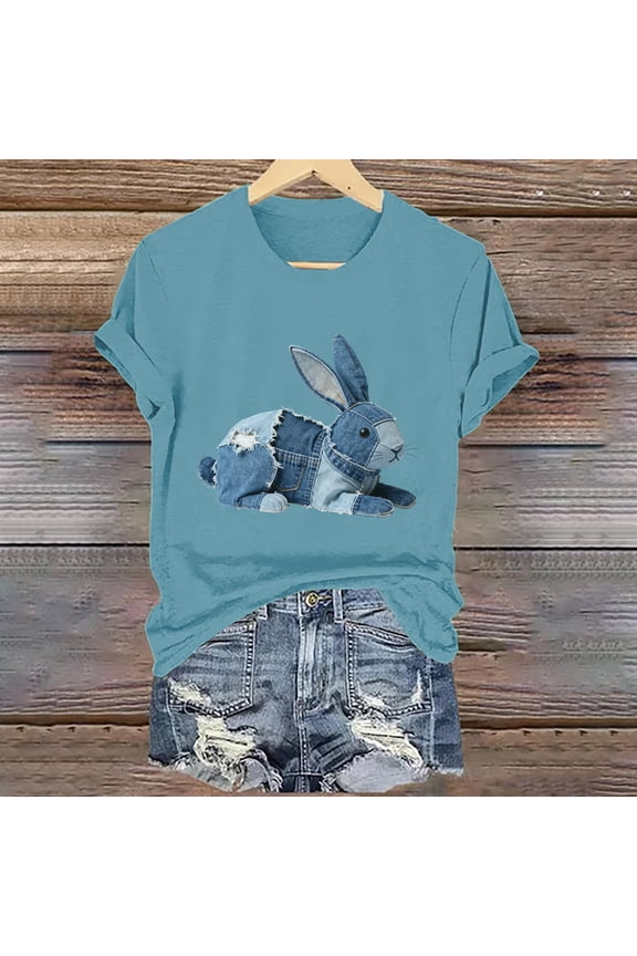Women's Denim Patchwork Bear Graphic Tee, Casual Short Sleeve T-Shirt, Blue and White Teddy Bear Print Top