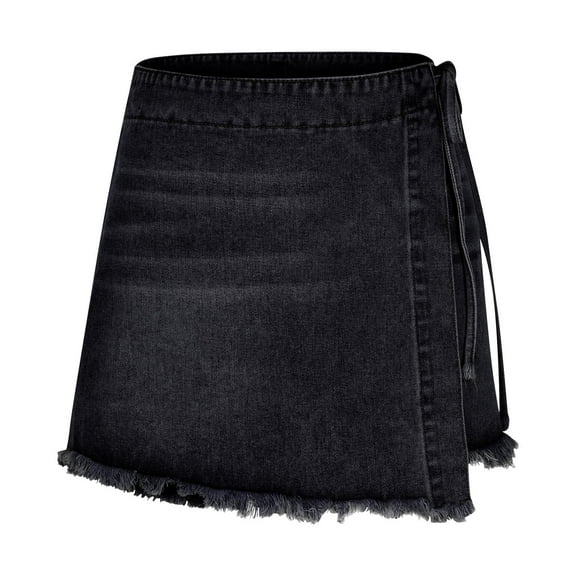 Roncen Women's Denim Skort Shorts - A-Line Distressed Hem Skirt Pants, Zip & Drawstring Waist Casual Summer Shorts with Pockets