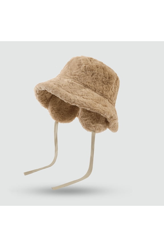 Women's Detachable Ear Flap Bucket Hat, Plush Fleece Lined Winter Beanie with Tie Strings in Beige, Warm Trapper Hat