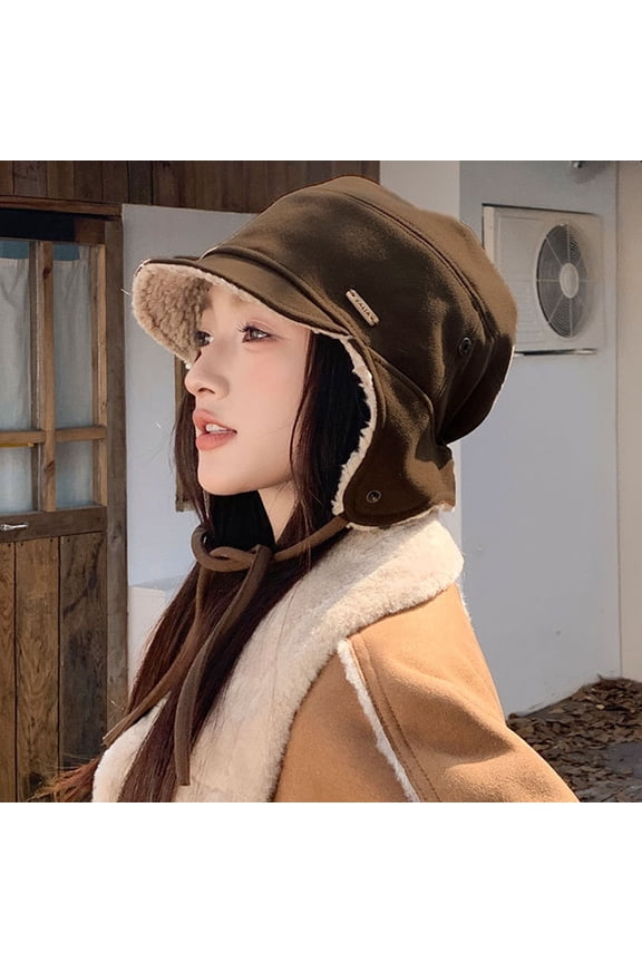 Women's Detachable Ear Flap Bucket Hat, Plush Fleece Lined Winter Beanie with Tie Strings in Beige, Warm Trapper Hat