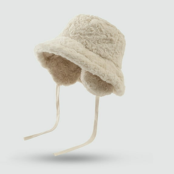 Roncen Women's Detachable Ear Flap Bucket Hat, Plush Fleece Lined Winter Beanie with Tie Strings in Beige, Warm Trapper Hat