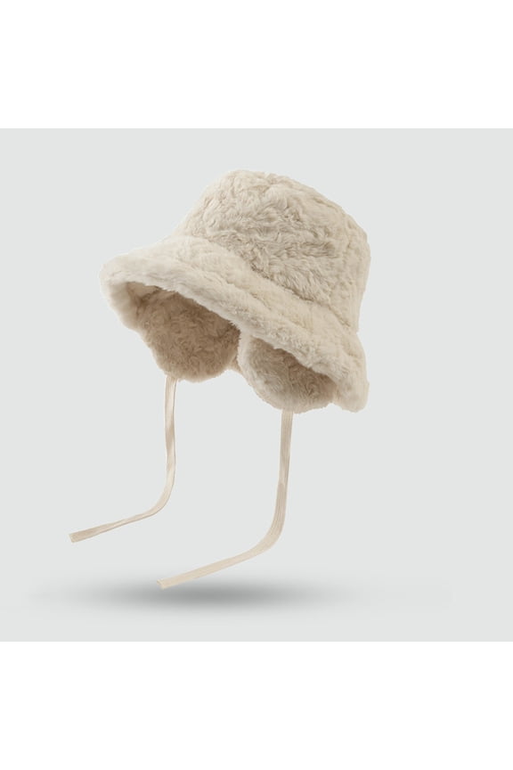 Women's Detachable Ear Flap Bucket Hat, Plush Fleece Lined Winter Beanie with Tie Strings in Beige, Warm Trapper Hat