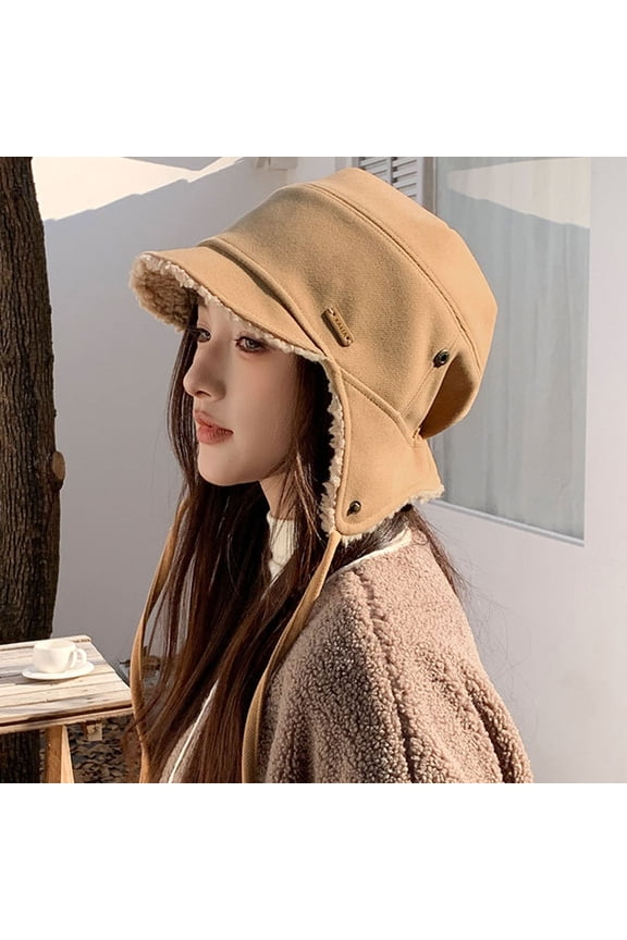 Women's Detachable Ear Flap Bucket Hat, Plush Fleece Lined Winter Beanie with Tie Strings in Beige, Warm Trapper Hat