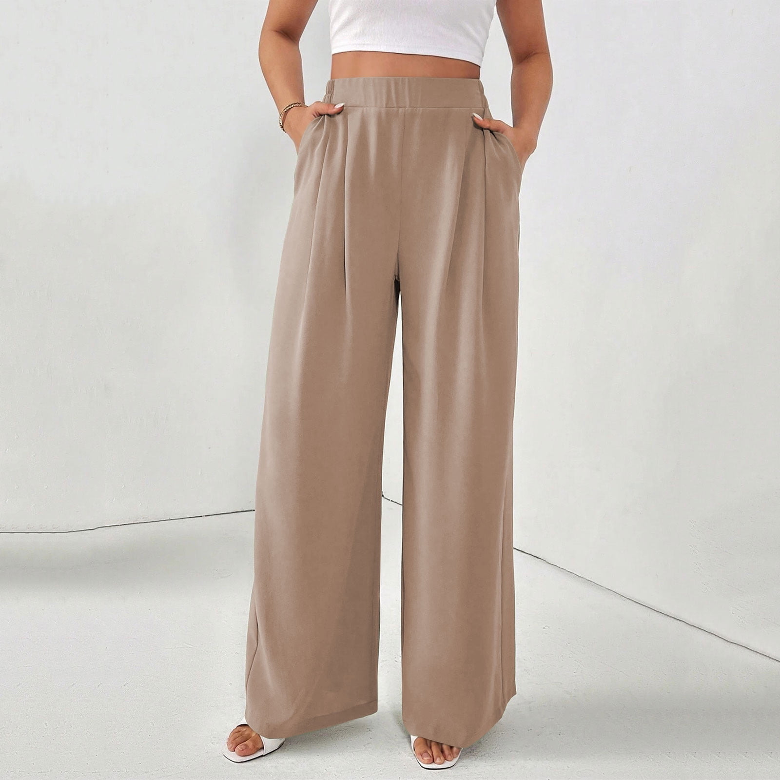 womens pastel dress pants Olyvenn Womens Classic Pleated Dress Pants, Casual Solid High Waisted Straight Business Casual Work Office Pants with Pockets Beige 8