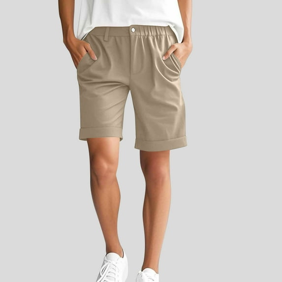 Roncen Women's Elastic Waist Cargo Shorts - Solid Color Summer Casual Shorts with Pockets & Comfort Fit
