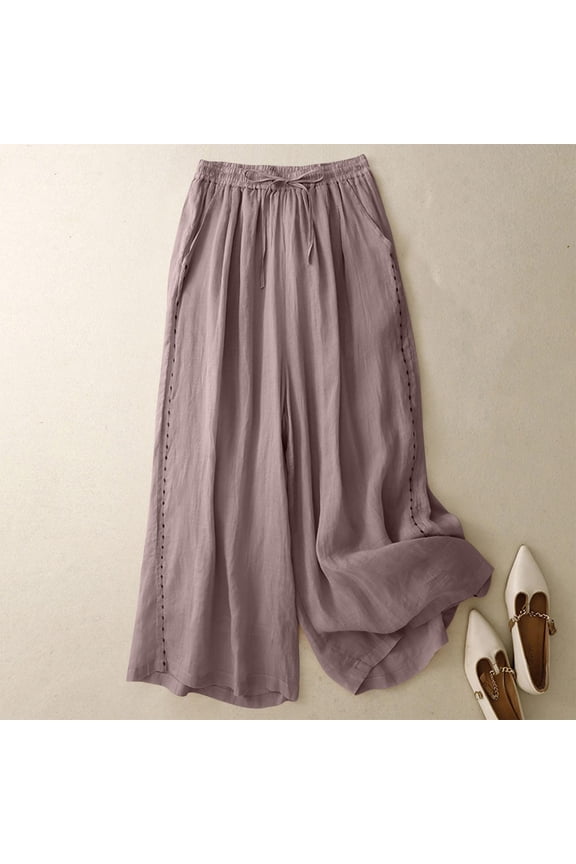 Women's Embroidered Wide-Leg Pants - High Waist Flowy Trousers with Artistic Embroidery, Slimming Design & Breathable Double-Layer Fabric