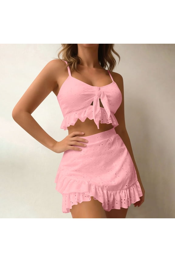 Women's Eyelet 3-Piece Swimsuit Set, Modest Ruffle Bikini Top with Skirted Bottom & Removable Padding