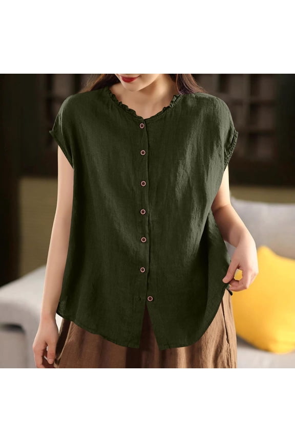 Women's Eyelet Trim Linen Blend Top, Short Sleeve Blouse with Ruffled Crew Neck & Red Buttons, Spring Summer Casual Shirt