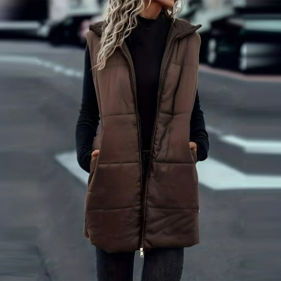 Roncen Women's Fall Winter Vest - Mid-Length Loose Fit Sleeveless Hooded Outerwear - Zip-Up Front with Solid Color Design for Casual Streetwear