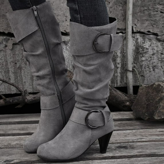 Roncen Women's Fashion Boots Kitten Heel - Stylish Casual Versatile High Shaft Below Knee Round Toe Buckle Strap Chic Ankle Boots