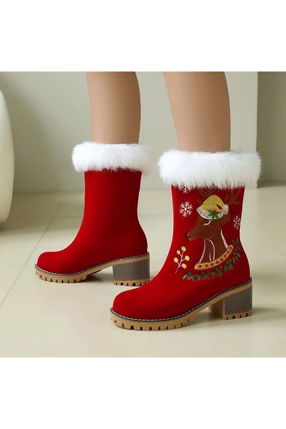 Women's Fashion Casual Boots - Trendy Chunky Platform Block Heel Ankle Boots with Plush Fur Lining & Festive Reindeer Print, Round Toe Comfortable Winter Shoes