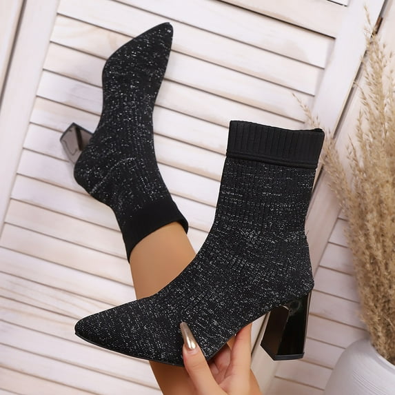 Roncen Women's Fashion Casual Chunky Heel Ankle Boots - Solid Color Stretchy Fly Knit Square Toe Sock Boots, Autumn Winter High Heel Short Boots New Arrival