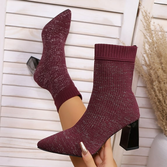 Roncen Women's Fashion Casual Chunky Heel Ankle Boots - Solid Color Stretchy Fly Knit Square Toe Sock Boots, Autumn Winter High Heel Short Boots New Arrival