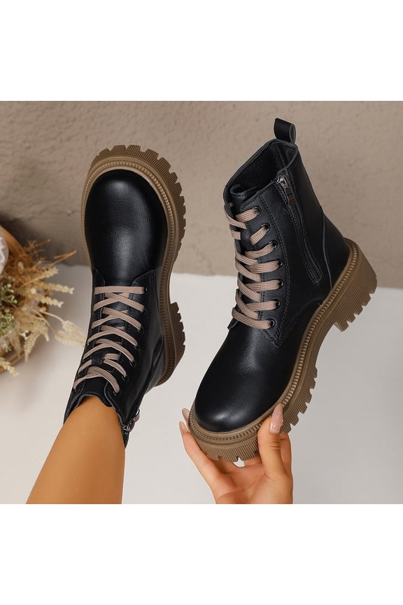 Women's Fashion Casual Chunky Heel Ankle Boots - Versatile Lace-up Winter Boots with Side Zipper, Comfortable Thick Sole​​ & Eye-catching Design for Autumn Winter