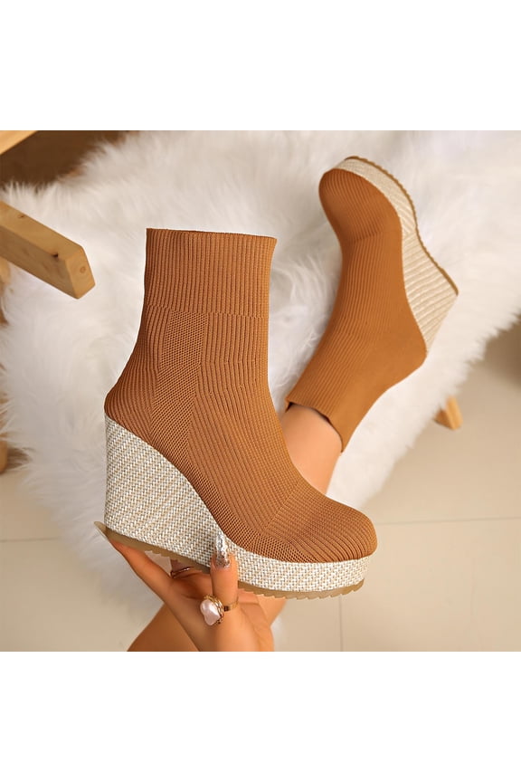 Women's Fashion Casual Chunky Heel Knit Boots - Fall Winter Versatile Commuter Ankle Boots with Breathable Knit Socks Design, Non-Slip Wedge Heel Casual Shoes