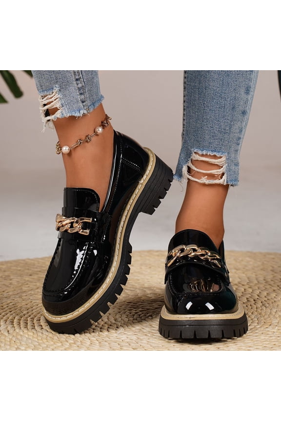 Women's Fashion Casual Classic Loafers - Round Toe Low-Cut Slip-On Shoes with Metal Chain Accents, Platform British Style Mid Heel Leather Shoes for Daily Wear