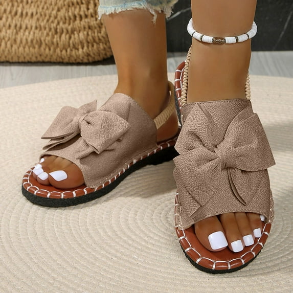 Roncen Women's Fashion Casual Flat Sandals - Spring Summer New Arrivals Solid Color Bow Design Comfortable Open Toe Versatile Outdoor Beach Sandals