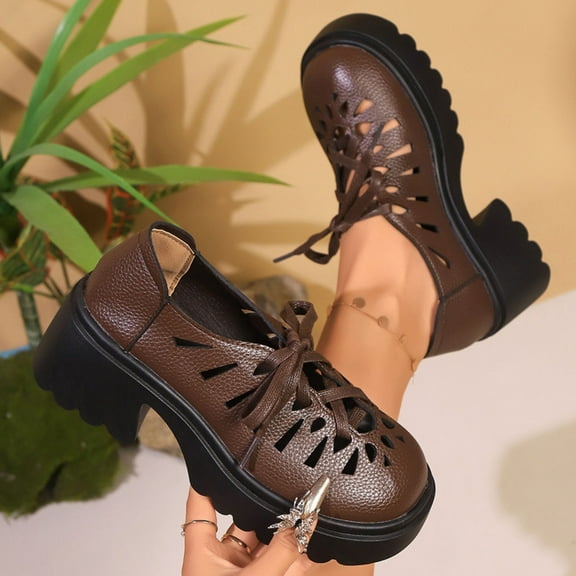 Roncen Women's Fashion Casual Lace-up Oxford Shoes - Perforated Leather Upper with Chunky Thick Sole​​ Sole and Block Heel Dress Shoes