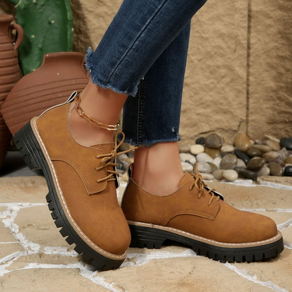 Roncen Women's Fashion Casual Loafer Flats - Comfortable Mid Block Heel Round Toe Lace-Up Slip-On Shoes for Daily Outfits