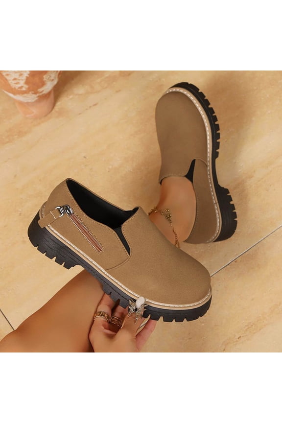 Women's Fashion Casual Loafer Shoes - All-Season Solid Color Round Toe Shallow Cut Slip-On Flats with Platform Flat Sole & Chunky Heel for Daily Wear