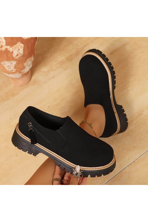 Women's Fashion Casual Loafer Shoes - All-Season Solid Color Round Toe Shallow Cut Slip-On Flats with Platform Flat Sole & Chunky Heel for Daily Wear