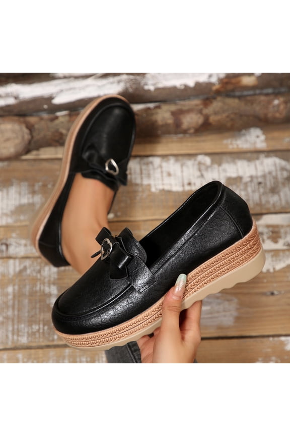 Women's Fashion Casual Loafer Shoes - All-Season Solid Color Round Toe Slip-On Flats with Bow Detail and Comfortable Flat Wedge Heel