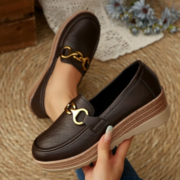 Roncen Women's Fashion Casual Loafers - All-Season Round Toe Slip-On Shoes with Metal Buckle, Shallow Cut Flat Wedge Heel for Daily Wear