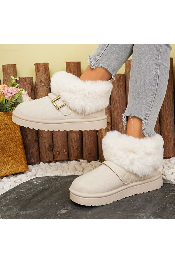 Women's Fashion Casual Slip-On Loafers - Cozy Round Toe Platform Shoes with Faux Fur Trim, Adjustable Buckle Strap and Solid Color Design for Everyday Versatile Wear