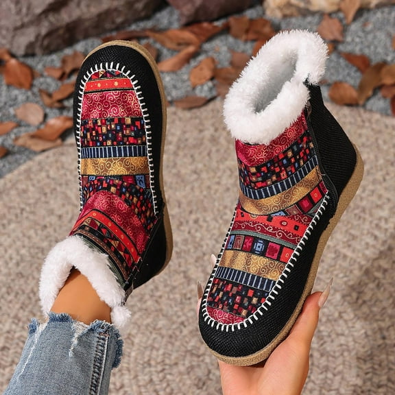 Roncen Women's Fashion Casual Snow Boots - Ethnic Print Platform Winter Warm Fluffy Lined Knee High Boots with Slip-Resistant Sole for Cold Weather