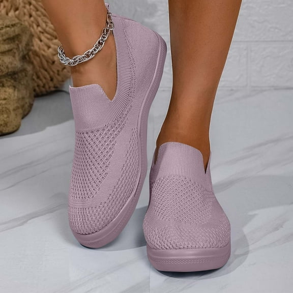 Roncen Women's Fashion Casual Solid Color Flats - Breathable Fly Knit Lightweight Lace-Up Mesh Slip-On Shoes for Everyday Wear