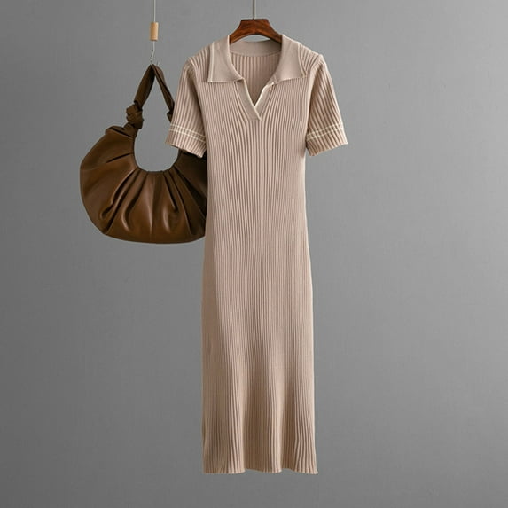 Roncen Women's Fashion Casual Solid Color Knit Short Sleeve Dress - Casual Collar Dress