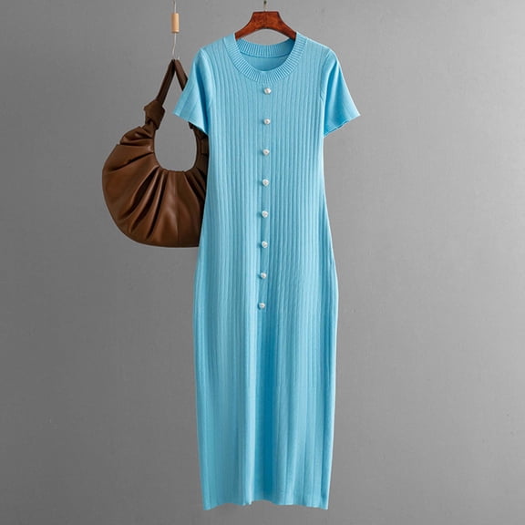 Roncen Women's Fashion Casual Solid Color Knit Short Sleeve Dress - Casual Round Neck Dress