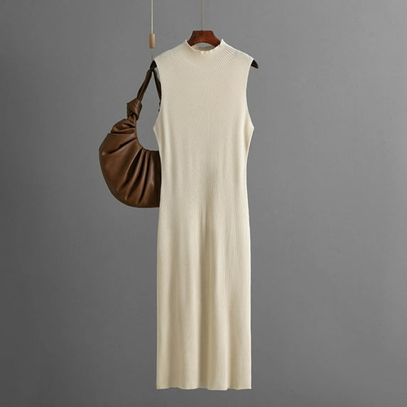 Roncen Women's Fashion Casual Solid Color Knit Strapless Dress - Casual Round Neck Dress