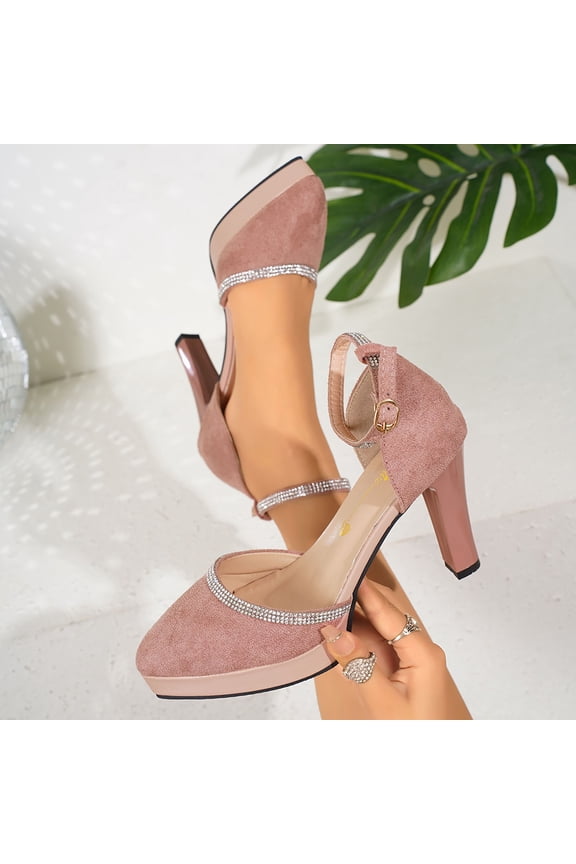 Women's Fashion Casual Stiletto Heels - Thin Heel Closed Toe Rhinestone Buckle Straps Open Arch Pumps for Commute