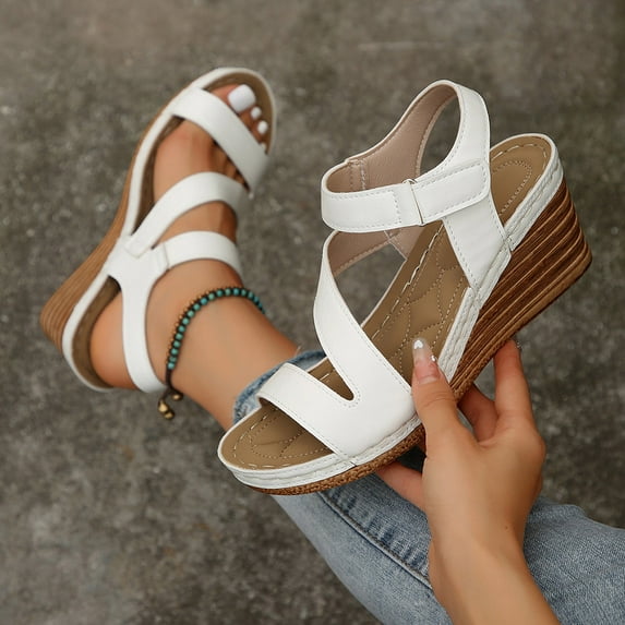 Roncen Women's Fashion Casual Strappy Wedge Sandals - Adjustable Wrap-around Ties Summer Slip-On Slides with Relaxed Fit and Versatile Style