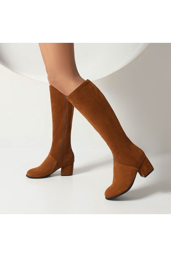Women's Fashion Casual Suede Chunky Heel Side Zipper High Knee Boots - Edgy Versatile Mid-Calf Boots with Comfortable Fit for Fall Winter Style