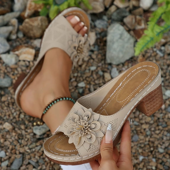 Roncen Women's Fashion Casual Summer Sandals - Solid Color & Floral Design Comfortable Openwork Open Toe Chunky Heel Shoes for Daily Wear