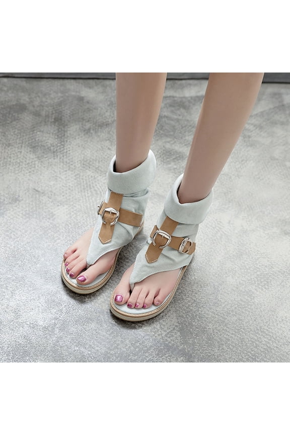 Women's Fashion Casual Toe Post Flat Sandals - Denim Material with Buckle Strap High Cut Ankle Summer Booties for Comfortable Beach Wear