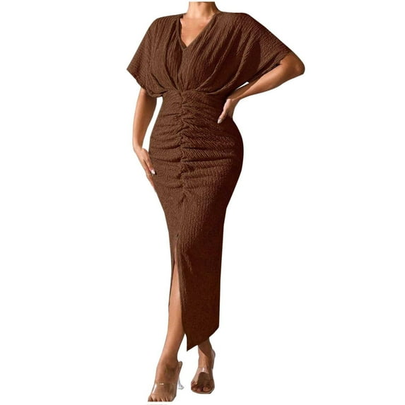 Roncen Women's Fashion Casual V-Neck Short Sleeve Midi Dress - Loose Fit Flowy Design Summer Daily Wear Versatile Outfit for Casual Outings