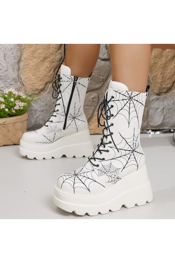Women's Fashion Casual Versatile Round Toe Boots - Gothic Style Platform Wedge Heel Chunky Sole Ankle Boots with Spiderweb Detailing for Fall Winter New Arrival