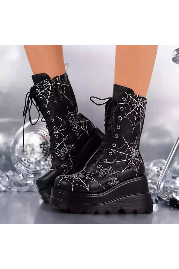 Women's Fashion Casual Versatile Round Toe Boots - Gothic Style Platform Wedge Heel Chunky Sole Ankle Boots with Spiderweb Detailing for Fall Winter New Arrival