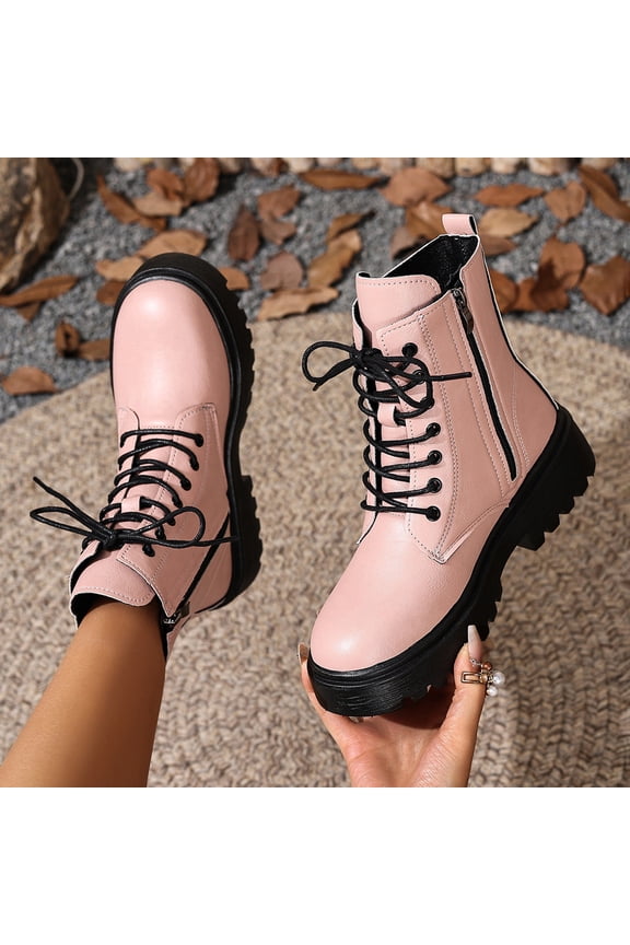 Women's Fashion Casual Winter Ankle Boots - Solid Color Round Toe Side Zipper Front Lace-up Chunky Low Heel Boots for Daily Wear